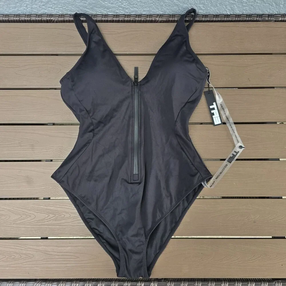 TA3 Women's Black Cheeky Plungy Zip Mesh Back Sculpting XL Short New